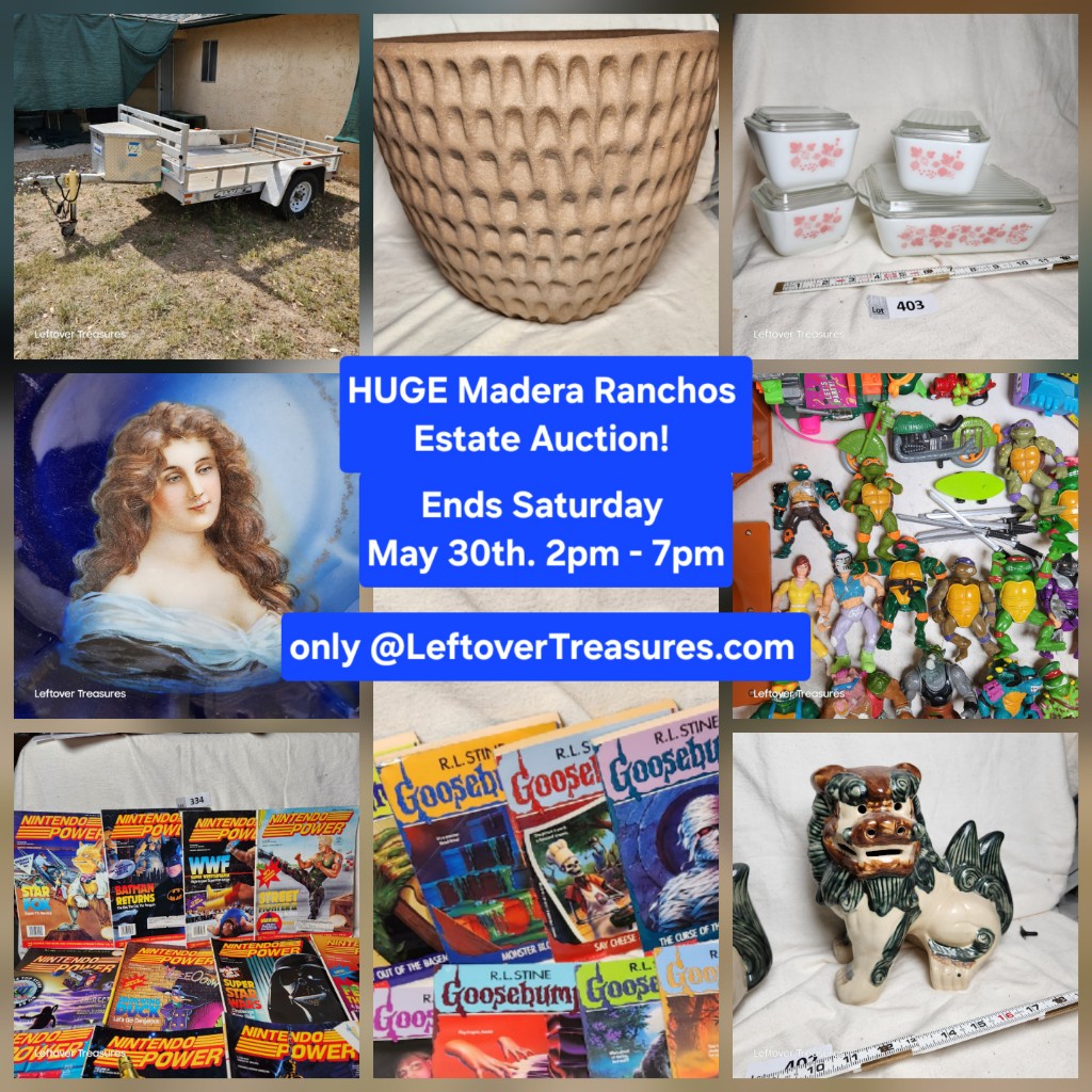 June. 15 Fresno Warehouse Test Auction. 422 Lots. Ends Wed. 3pm to 8pm. Pick up Fri. Sat. Sun.