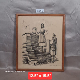 b6- vintage framed black and white lithograph titled "Gossip At The Water Well" signed by artist Clayton Rippey