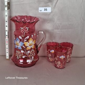 a35- antique Victorian cranberry glass pitcher and glasses