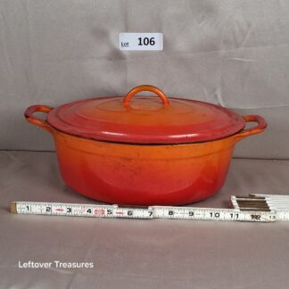 a106- vintage descoware orange enameled cast iron Dutch oven