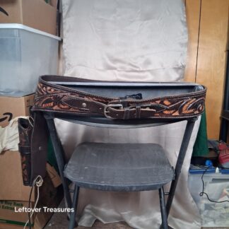 a152- handmade western tooled leather cartridge belt rig with a holster