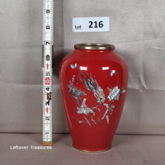 a216- vintage Korean red lacquered brass vase