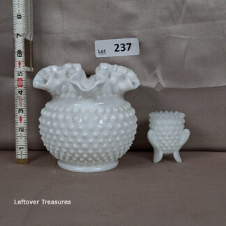 a237- vintage Fenton hobnail milk glass vase + toothpick holder