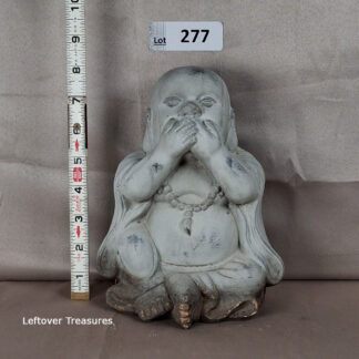 a277- Japanese Shigaraki pottery Tanuki statue "Speak No Evil"