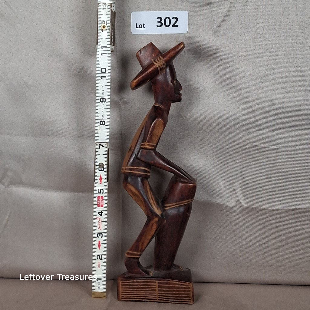 a302-Hand Carved Wooden Sculpture Man with Hat & Drum Wood Folk Art African Haitian - Image 2