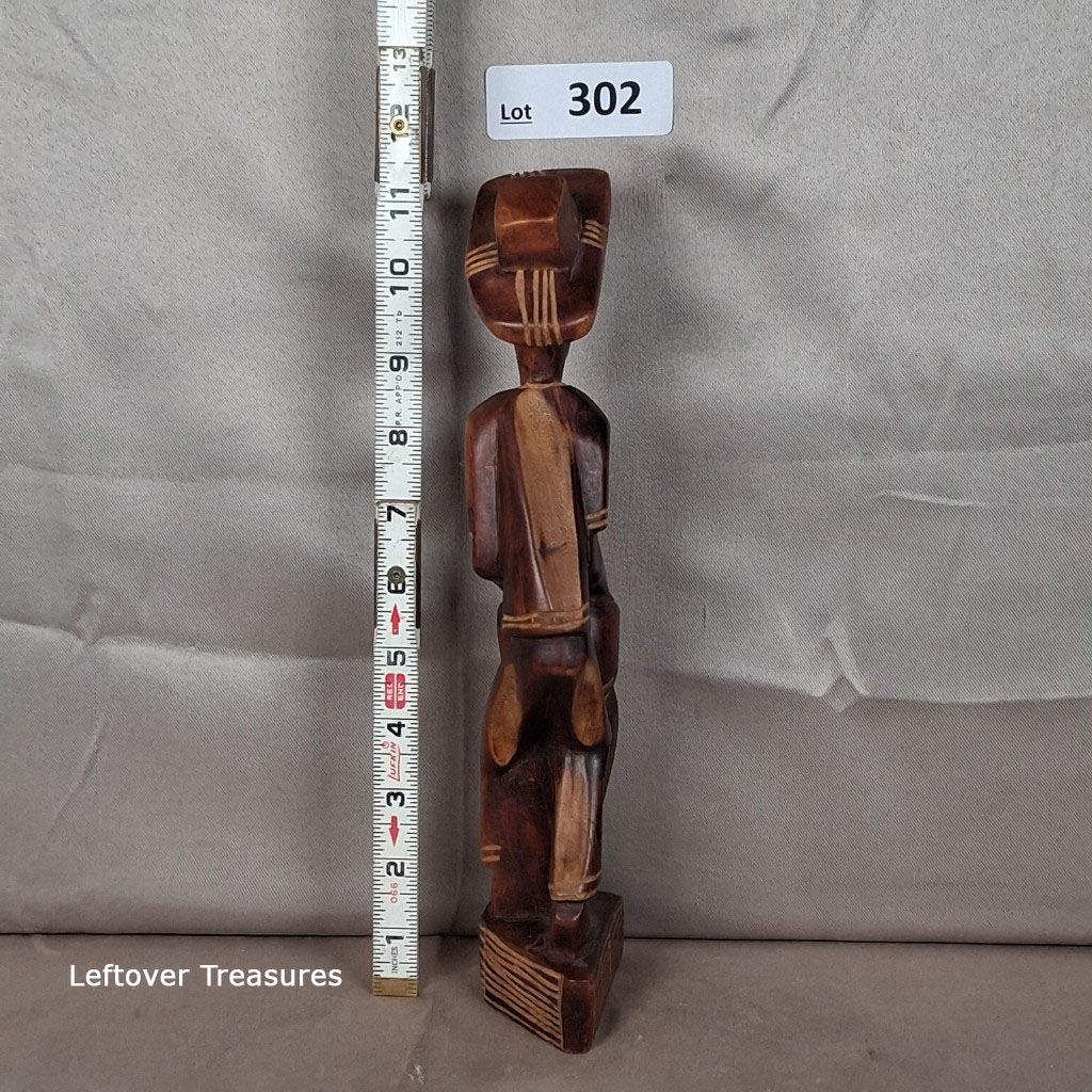 a302-Hand Carved Wooden Sculpture Man with Hat & Drum Wood Folk Art African Haitian - Image 3