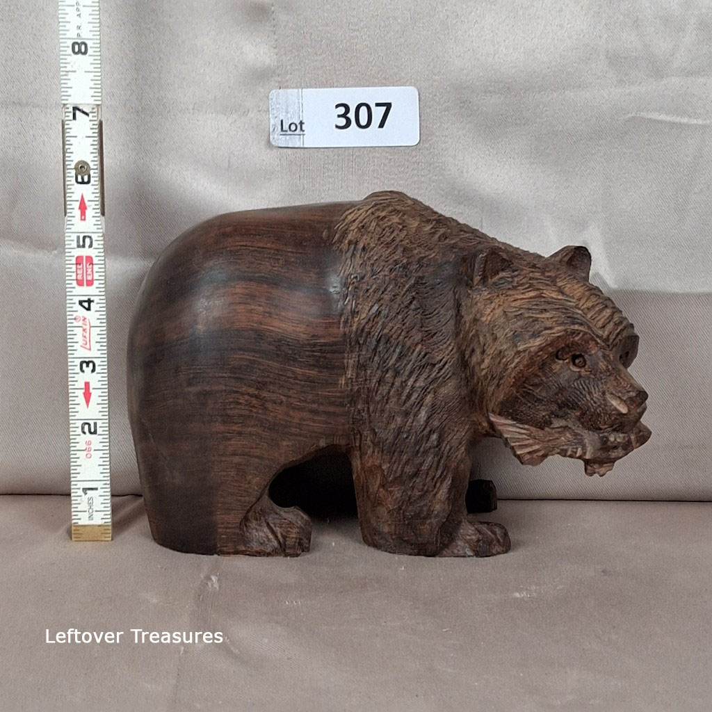 a307- handcarved bear with fish in mouth figurine