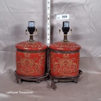 a359- vintage pair features a cinnabar red porcelain base