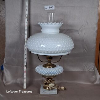 a360- vintage Fenton hobnail milk glass electric hurricane lamp