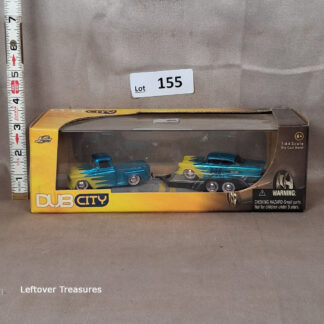 c155- Jada Dub City Blue/Yellow Flames Truck & Trailer Set 1:64 Scale Diecast NIB