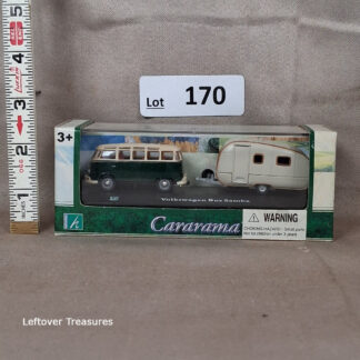 c170- Cararama Volkswagen Bus Samba with Teardrop Camper Trailer Green Cream 1:72 NIB