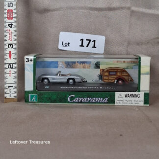 c171- Cararama Mercedes-Benz 300 SL Roadster Silver w/ Woodie Teardrop Trailer 1:72