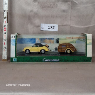 c172- Cararama Porsche 356B Cabriolet Yellow Soft Top w/ Woodie Teardrop Trailer 1:43