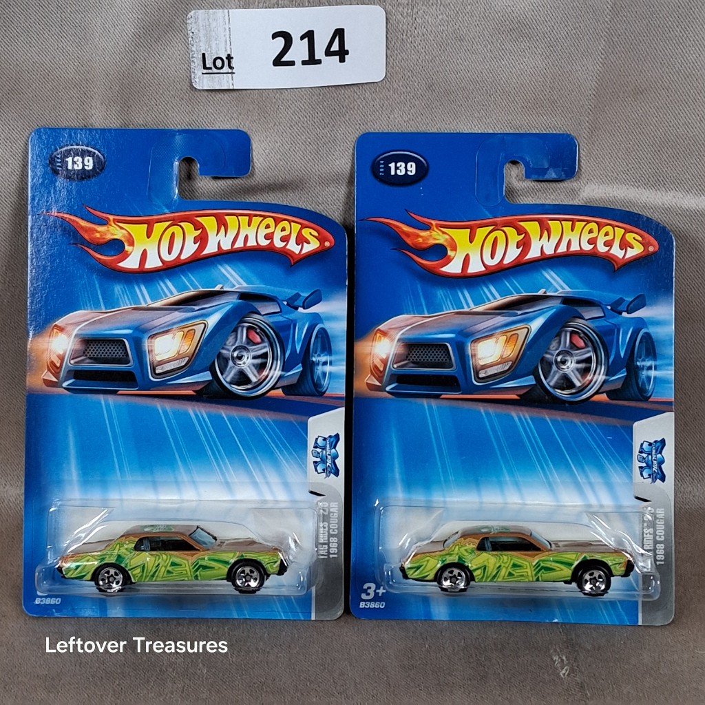 c214- Hot Wheels 2004 Tooned Series 1968 Mercury Cougar Gold/Green Duplicates Lot x2