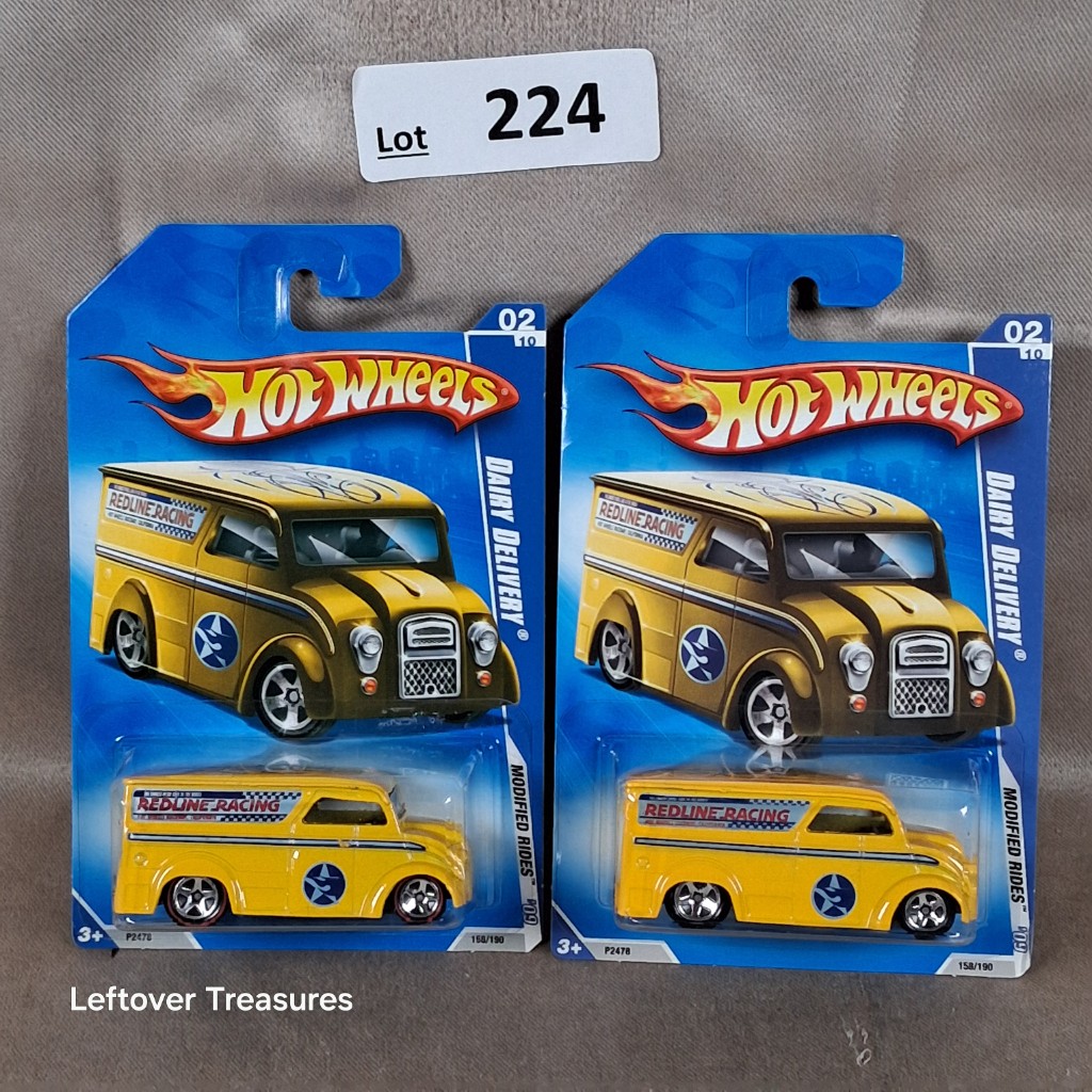 c224- Hot Wheels Modified Rides Dairy Delivery Yellow Redline Racing Duplicates Lot x2