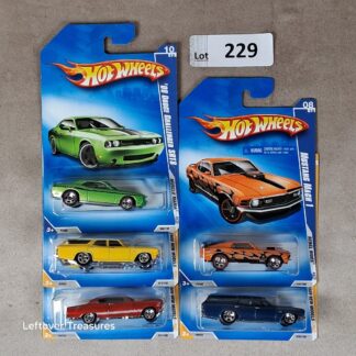 c229- Hot Wheels Lot x5 Challenger SRT8 Mustang Mach 1 Custom Station Wagon NIP