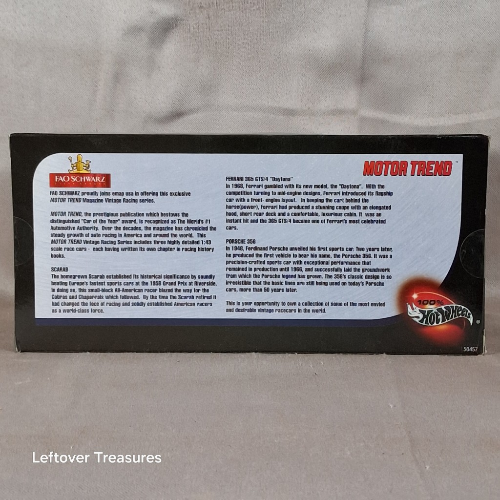 c265- 100% Hot Wheels Motor Trend FAO Schwarz Vintage Race Series 3-Car Box Set NIB - Image 4