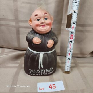 e45- vintage Friar Tuck THIS IS MY BANK / THOU SHALT NOT STEAL coin bank