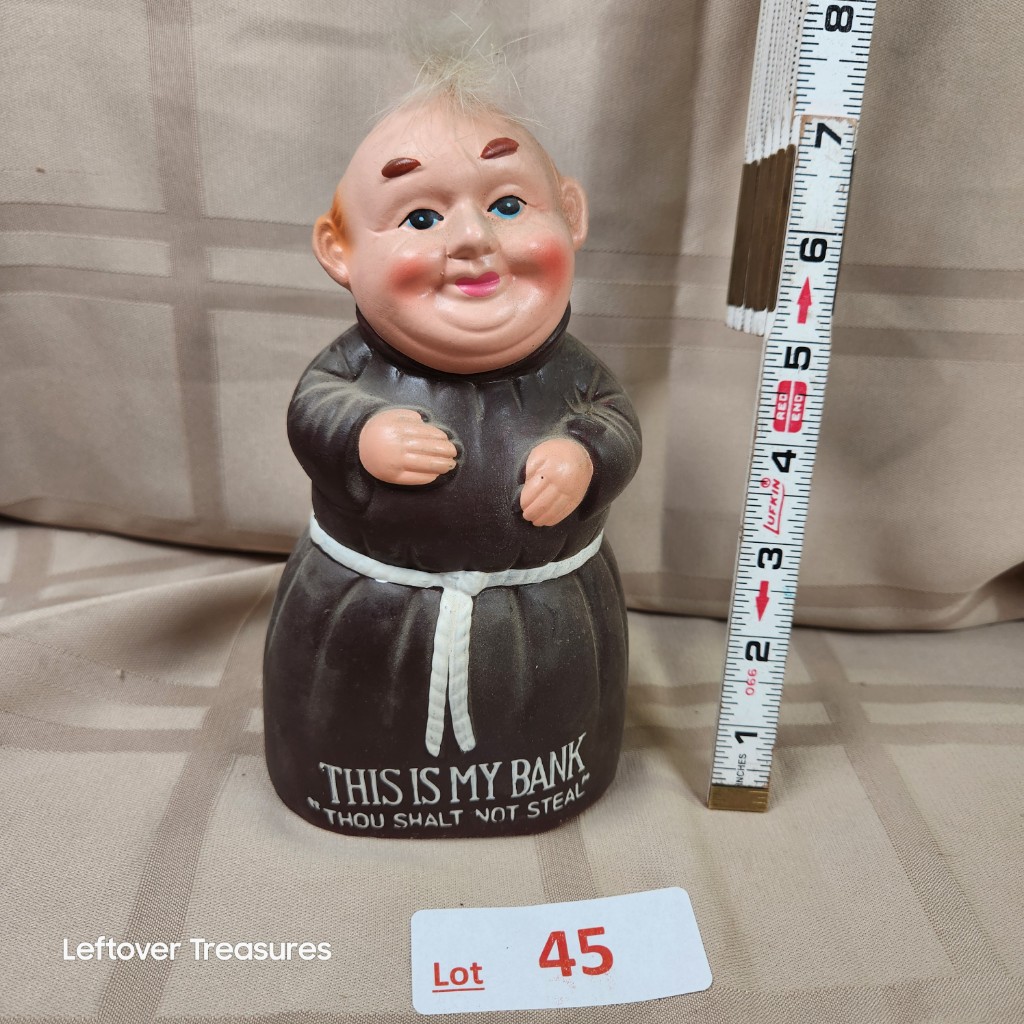 e45- vintage Friar Tuck THIS IS MY BANK / THOU SHALT NOT STEAL coin bank