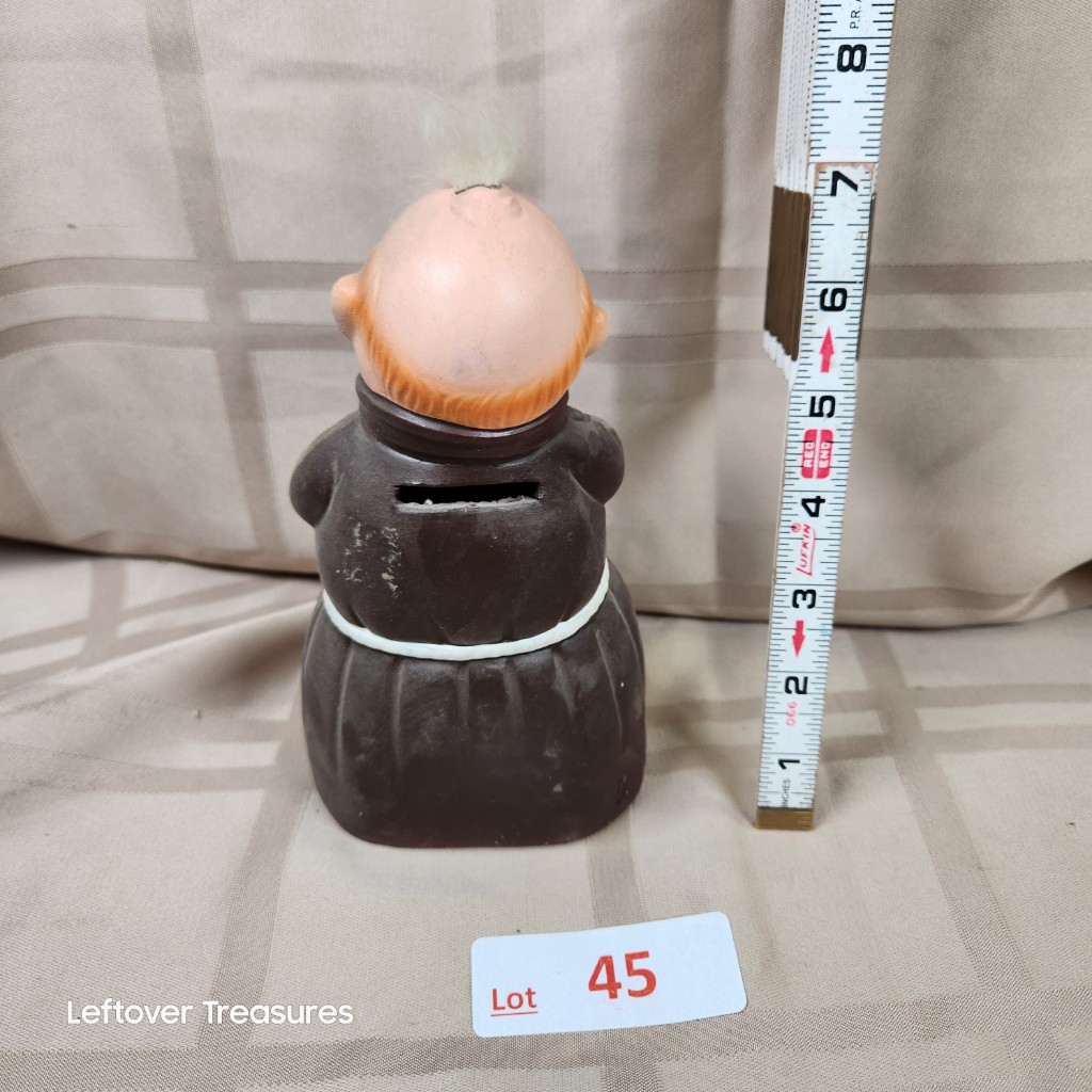 e45- vintage Friar Tuck THIS IS MY BANK / THOU SHALT NOT STEAL coin bank - Image 2
