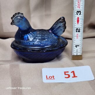 e51- vintage cobalt blue glass chicken on a Nest covered dish