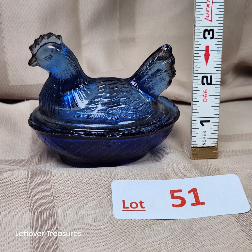 e51- vintage cobalt blue glass chicken on a Nest covered dish