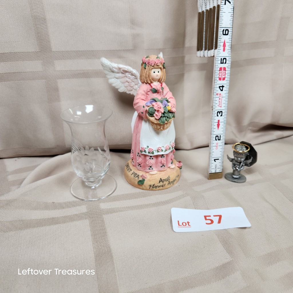 e57- April Angel Pewter Figurine. Vase. Angel