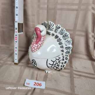 e206- vintage ceramic turkey-shaped lidded gravy boat