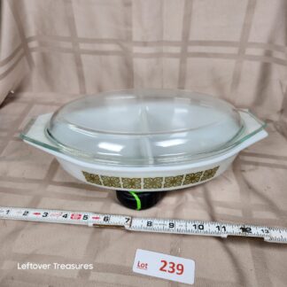 e239- Pyrex oval divided casserole dish in the olive green Autumn Floral or early Verde