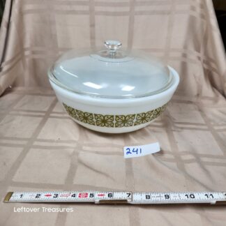 e241- Pyrex 024 round casserole dish in the Verde Square Flowers also known as Autumn Floral Verde